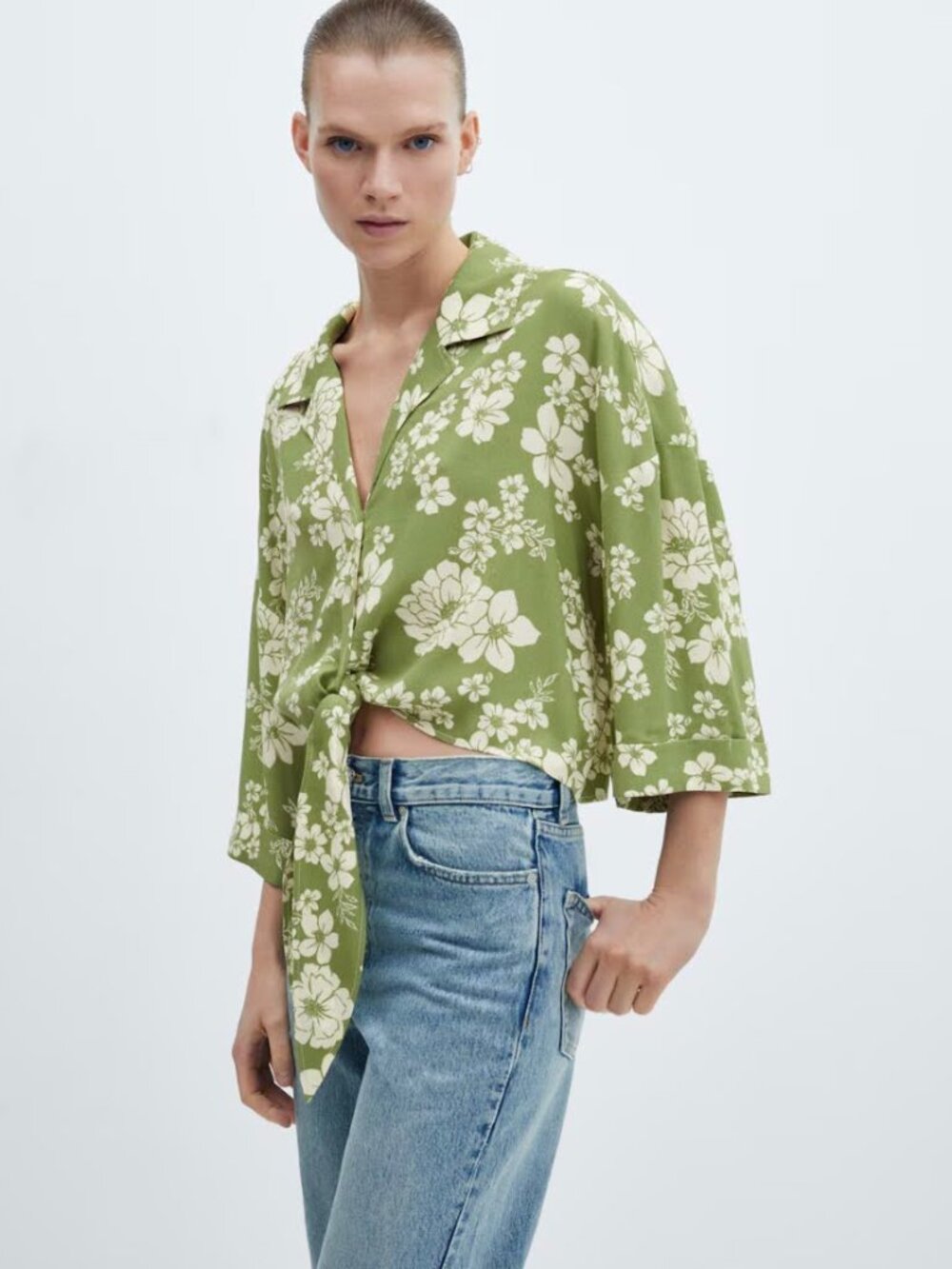 Mango FLORAL-PRINT SHIRT WITH KNOT DETAIL
